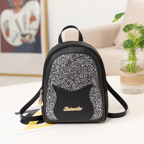 Mini Mochila De Moda Para Mujeres Niñas Lentejuelas Brillantes Cuero PU Diseño Orejas De Gato Agujero Auriculares Viaje