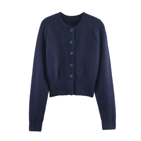 Women Plush Knitted Cardigan Soft Round Neck Long Sleeve Button Down Cropped Sweater Solid Color Navy Blue Sweet Style