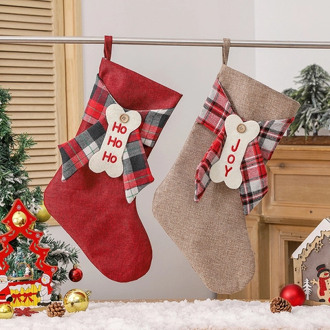 Christmas Stocking Faux Linen Burlap Plaid Bow Bone Tag JOY HO HO HO Embroidery Holiday Fireplace Tree Hanging Decoration Farmhouse