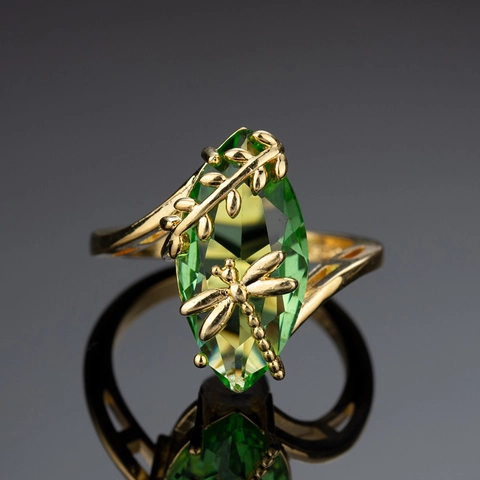 Vintage Dragonfly Ring Gold Plated Copper With Marquise Green Gemstone Nature Leaf Branch For Women Fashion Jewelry