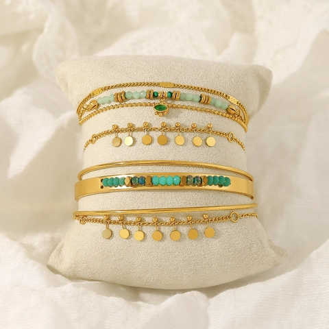 Bohemian Stainless Steel Evil Eye Bracelet For Women 18K Gold Plated Multi Layer Malachite Crystal Bead Bangle Jewelry