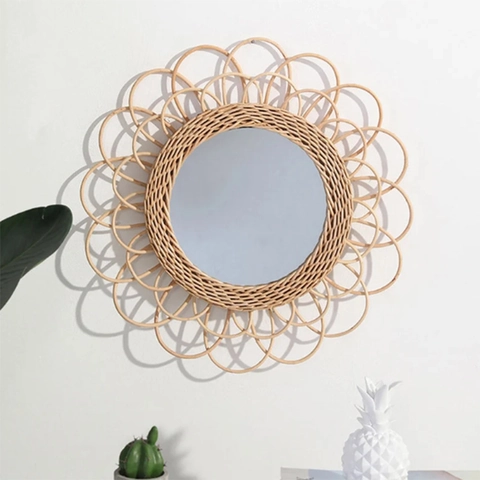 Bohemian Decorative Wall Mirror Hand Woven Rattan Sunburst Sunflower Shape Round Hanging Mirror For Bedroom Living Room
