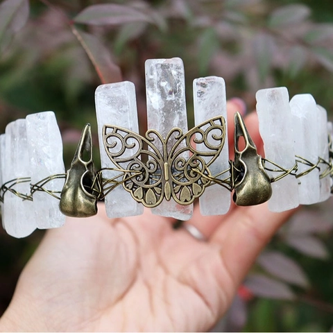 Natural Crystal Crown Headband Handmade Vintage Bronze Butterfly Raven Skull Gothic Witchy Hair Accessories Halloween