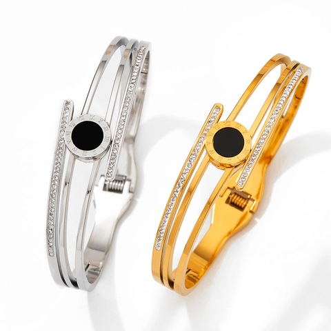 Mehrlagiger Armreif Aus Edelstahl Römische Ziffern Strass Besetzt Modeschmuck Für Damen Offen Klappbar