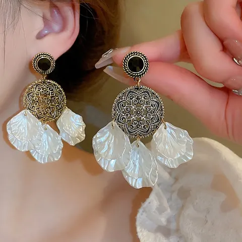 Hangende Oorbellen Legering Holle Mandala Schijf Schelptextuur Bloemblaadjes 925 Sterling Zilveren Oorsteker Retro Etnische Stijl