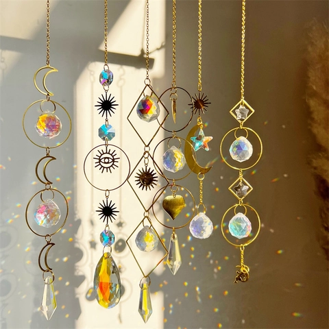 Crystal Suncatcher Hanging Ornament With Metal Moon Star Sun Prism Rainbow Maker Window Garden Decoration