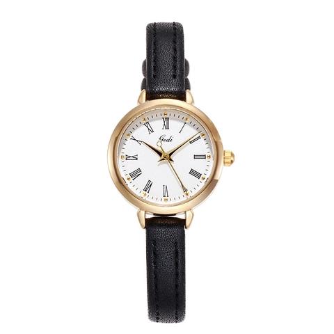 Women Quartz Watch Alloy Case Leather Strap Roman Numerals Small Round Dial Water Resistant Elegant Casual Retro
