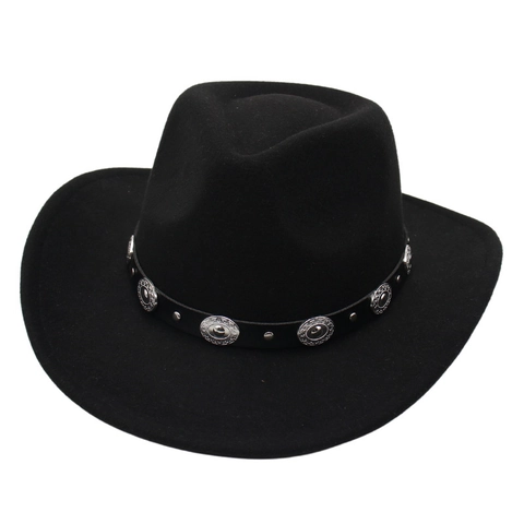 Cappello Da Cowboy Occidentale In Feltro A Tesa Larga Fedora Vintage Con Cintura In Pelle Conchos In Metallo Argentato