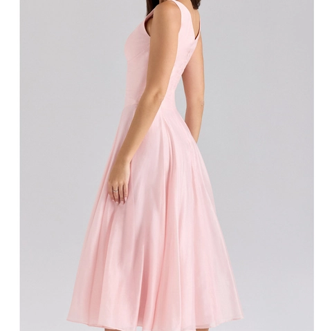 Damen Elegant Rosa Ärmelloses V-Ausschnitt Maxikleid Polyester Hohe Taille A-Linie Rock Mit Dekorativen Knöpfen
