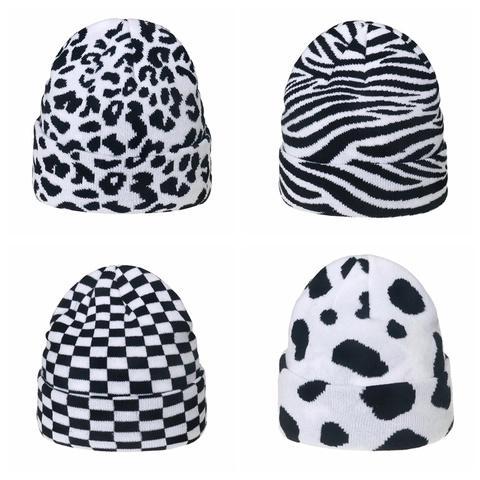 Winter Strickmütze Beanie Für Damen Herren Leopard Kuh Zebra Schachbrettmuster Warm Acryl Umschlagmütze Outdoor
