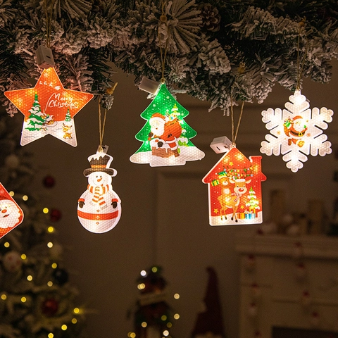 LED Christmas Hanging Ornaments Plastic Luminous Warm White Lights For Xmas Tree Window Home Decor Santa Snowman Star