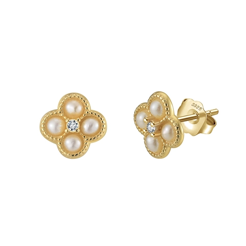 S925 Sterling Silver Four Leaf Clover Natural Pearl Rhinestone Stud Earrings Necklace Ring Elegant Fashion Jewelry Collection For Women
