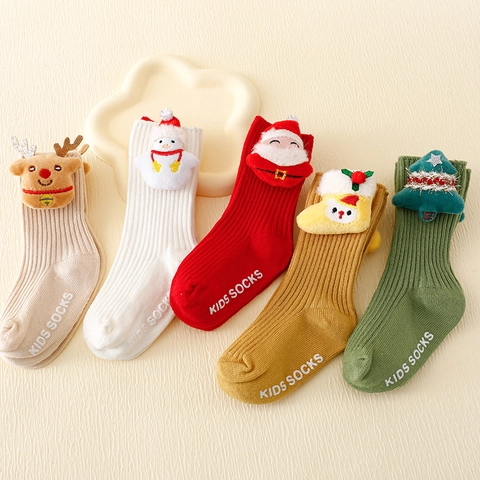 Christmas Kids Socks Combed Cotton Non Slip Floor Socks With Plush Dolls Santa Reindeer Snowman Decor
