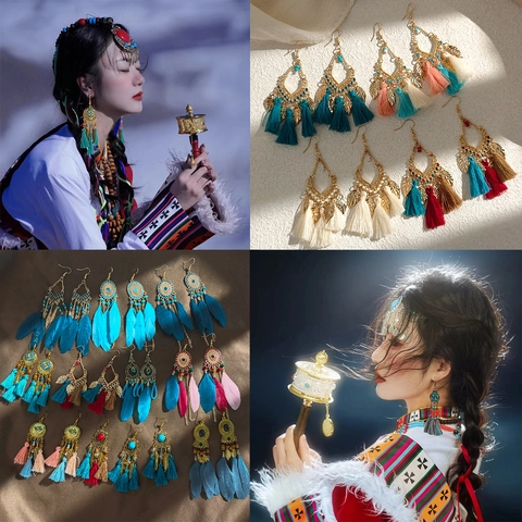 Bohemian Drop Earrings Alloy With Feather Tassel Beads Vintage Ethnic Style For Women With Stainless Steel Earring Post