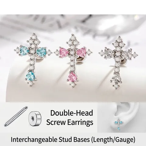 Piercing D'oreille Cartilage Croix Cuivre Acier Titane Zircon Cœur Fermoir À Vis Bijoux Pour Femmes