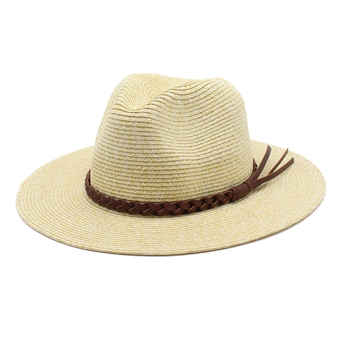 Chapeau Fedora en Paille de Papier à Large Bord Unisexe Respirant Pliable Panama Chapeau de Soleil Avec Bande en Cuir Tressé