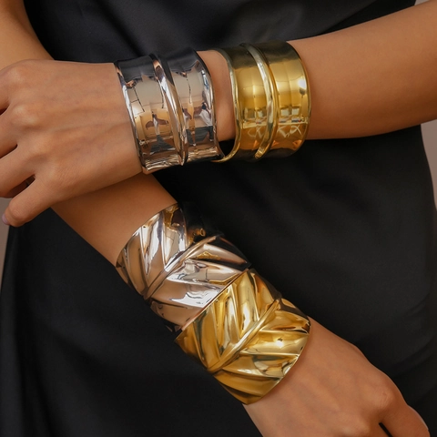 Brazalete De Puño Con Textura De Hoja Aleación De Metal Ancho Grueso Ajustable Joyería De Moda Para Mujer
