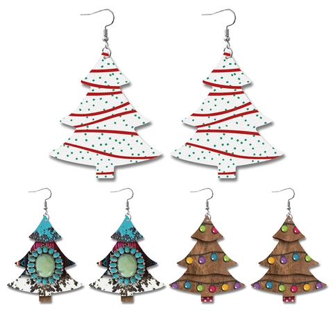 Boucles D'oreilles Sapin De Noël Simili Cuir Impression Double Face Festif Bohème Crochet Bijoux De Vacances Femme