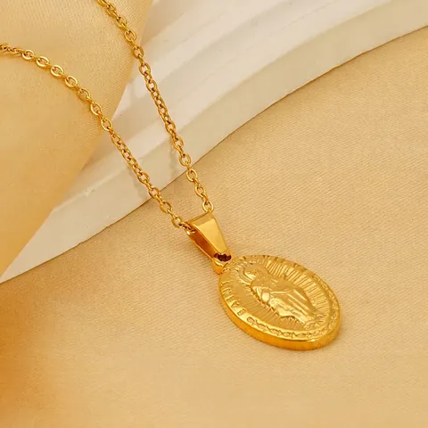 Collar Con Colgante De Santo Religioso Chapado En Oro Acero Inoxidable Vintage Óvalo Medalla Virgen María Joyas De Oración