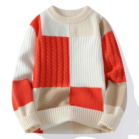 Herren Pullover Mit Farblock Kabelstrick Rundhalsausschnitt Geometrisches Muster Locker Langarm Lässig Winter Warm