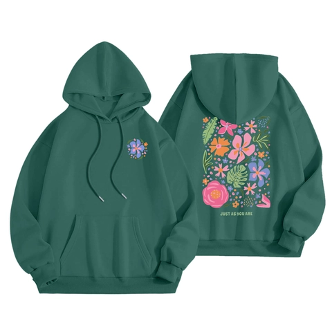 Men Hoodie Long Sleeve Polyester Fleece Lined Kangaroo Pocket Letter Floral Print Casual Retro Hooded Sweatshirt