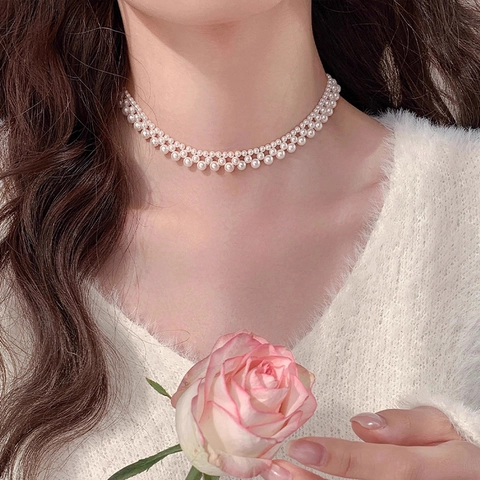 Elegante Retro Mehrlagige Gewebte Imitationsperlen Choker Halskette Für Damen Edelstahl Schlüsselbeinkette Herz Akzent