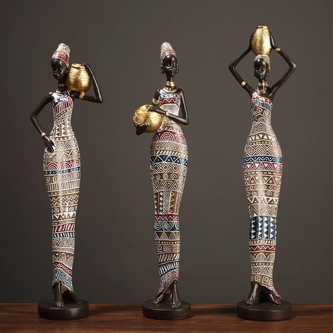 Afrikanische Stammesfrauen Statuen Harz Handbemalt Ethnische Damenfiguren Für Wohnzimmer Wein Cabinet Dekoration