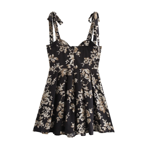 Women Floral Print Spaghetti Strap Mini Dress Tie Shoulder High Waist Pleated Elegant French Style Sleeveless Polyester
