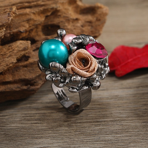 Vintage Alloy Ring With Faux Artificial Pearl And Fabric Rose Flower Rhinestone Adjustable Bohemian Style Cluster Jewelry For Women