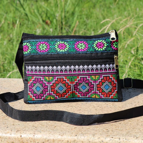 Women Ethnic Embroidery Crossbody Bag Canvas Double Zipper Small Shoulder Bag Flower Pattern Folk Style Travel