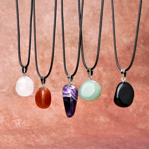 Natuursteen Hanger Ketting Onregelmatige Ruwe Edelsteen PU Leren Koord Legering Sluiting Eenvoudige Sieraden Heren Dames