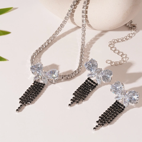 Butterfly Tassel Necklace Earrings With Silver Earring Post Zircon Rhinestone Copper Jewelry Luxury Elegant Accessory