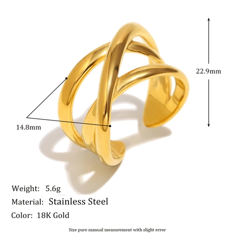 Intertwined Cross Line Open Ring 18K Gold Plated Stainless Steel Adjustable Minimalist Geometric Jewelry For Women