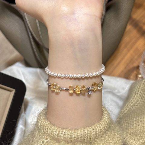 Yellow Crystal Beaded Bracelet With S925 Sterling Silver Nugget Chain And Zircon Pendant Chic Niche Design For Women