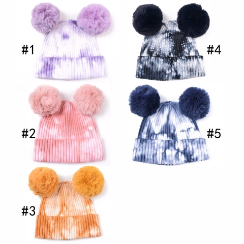 Bonnet En Maille Tie Dye Avec Deux Pompons Bonnet D'Hiver Chaud Côtelé Femmes