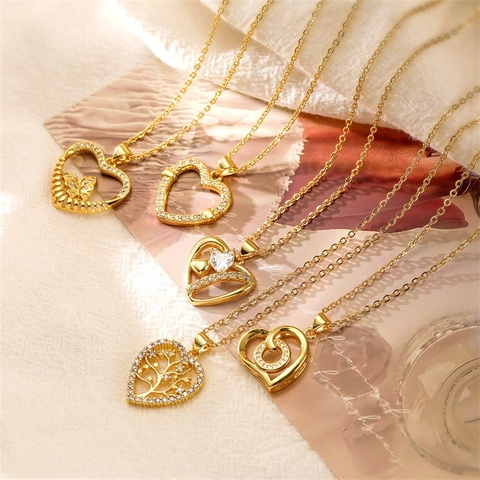 Collier Pendentif Cœur Cuivre Plaqué Or Zircone Cubique Micro Incrusté Papillon Arbre De Vie Collier Bijoux