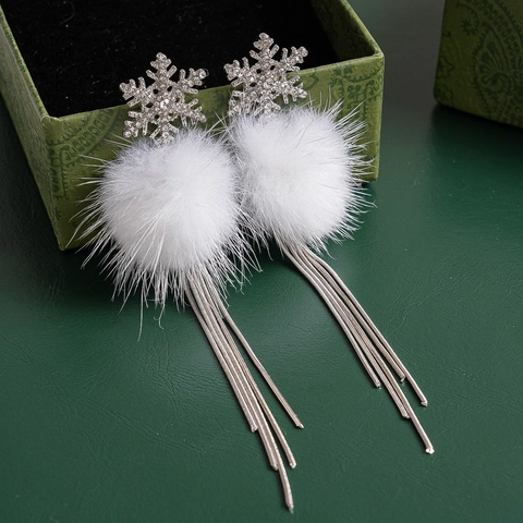 Snowflake Pom-Pom Tassel Earrings With Rhinestone Alloy And 925 Sterling Silver Earring Post Winter Style For Women