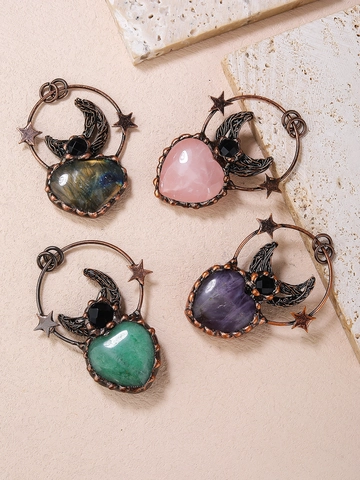 Vintage Kupfer Herz Edelstein Halskette Mit Sichelmond Stern Flügeln Natur Labradorit Rosenquarz Amethyst Mystisch