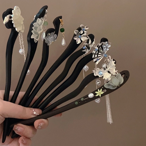 Bastoncino Per Capelli Cinese Vintage In Legno Con Nappa A Fiori Lega Farfalla Per Donne Hanfu Stile Elegante Tradizionale