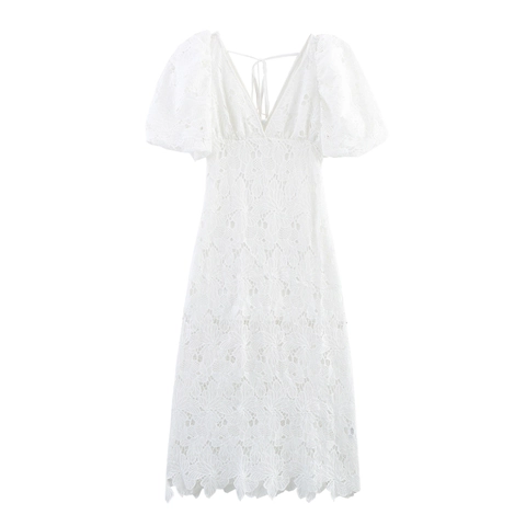 Dames Witte Kant Maxi Jurk Pofmouwen Vierkante Hals Rugveters Sexy Elegant Zomer Borduurwerk Bodycon Lange Jurk