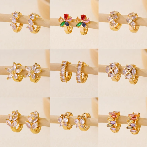 Elegant Copper Zirconia Hoop Earrings For Women Micro-set Clear Colorful Zircon Gold Plated Huggie Hoop Earrings Jewelry Gift
