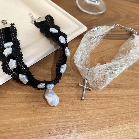 Collar Choker De Encaje Gótico Con Perla Artificial De Imitación Y Colgante De Cruz De Aleación Estrella Luna Para Mujer Y Niña