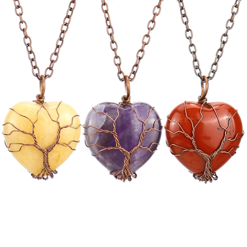 Heart Natural Crystal Stone Pendant Necklace Iron Alloy Chain Antique Copper Tree Of Life Wire Wrapped Woven Retro Jewelry