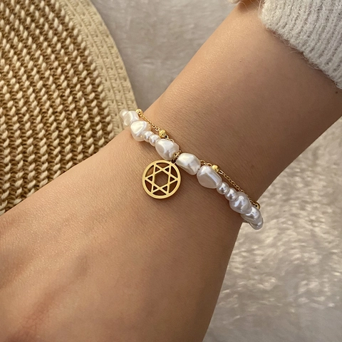 Baroque Imitation Artificial Pearl Bracelet Stainless Steel Double Layer Beaded Chain Flower Star Charm Jewelry For Women