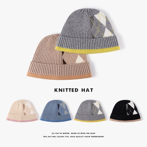 Berretto In Maglia Da Donna Misto Lana Caldo Inverno Motivo Argyle Jacquard Ispessito Cappello Da Pescatore Vintage