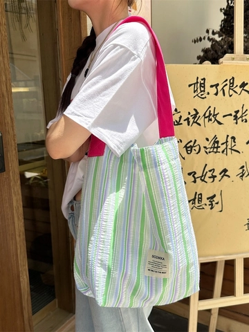 Striped Contrast Color Shoulder Tote Bag Large Capacity Polyester Textured Casual Daily Handbag For Women Student