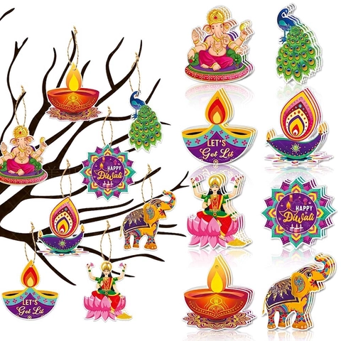 Ornamenti Appesi Diwali Carta Cartoncino Stampa Fronte Retro Decorazione Festa Indiana Elefante Ganesha Design
