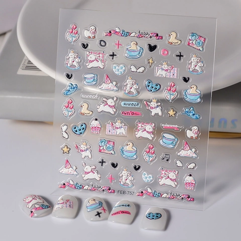 5D Embossed Nail Art Stickers Waterproof Self Adhesive Cartoon Rabbit Duck Heart Pattern DIY Manicure Decoration
