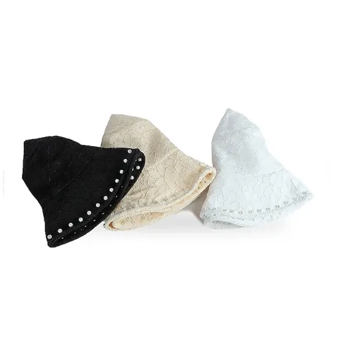 Women Lace Artificial Pearl Bucket Hat Breathable Sun Protection Summer Beach Sunshade French Style Elegant Fisherman Cap