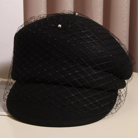 Women Woolen Newsboy Cap With Mesh Veil And Artificial Pearl Vintage British Style Octagonal Beret Hat For Autumn Winter